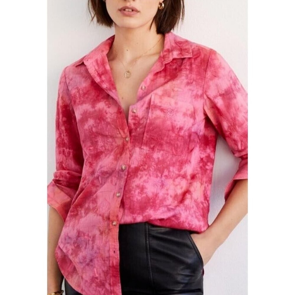 PILCRO Pink Watercolor Tie Dye Floral Embroidered Button Down Shirt Size Small